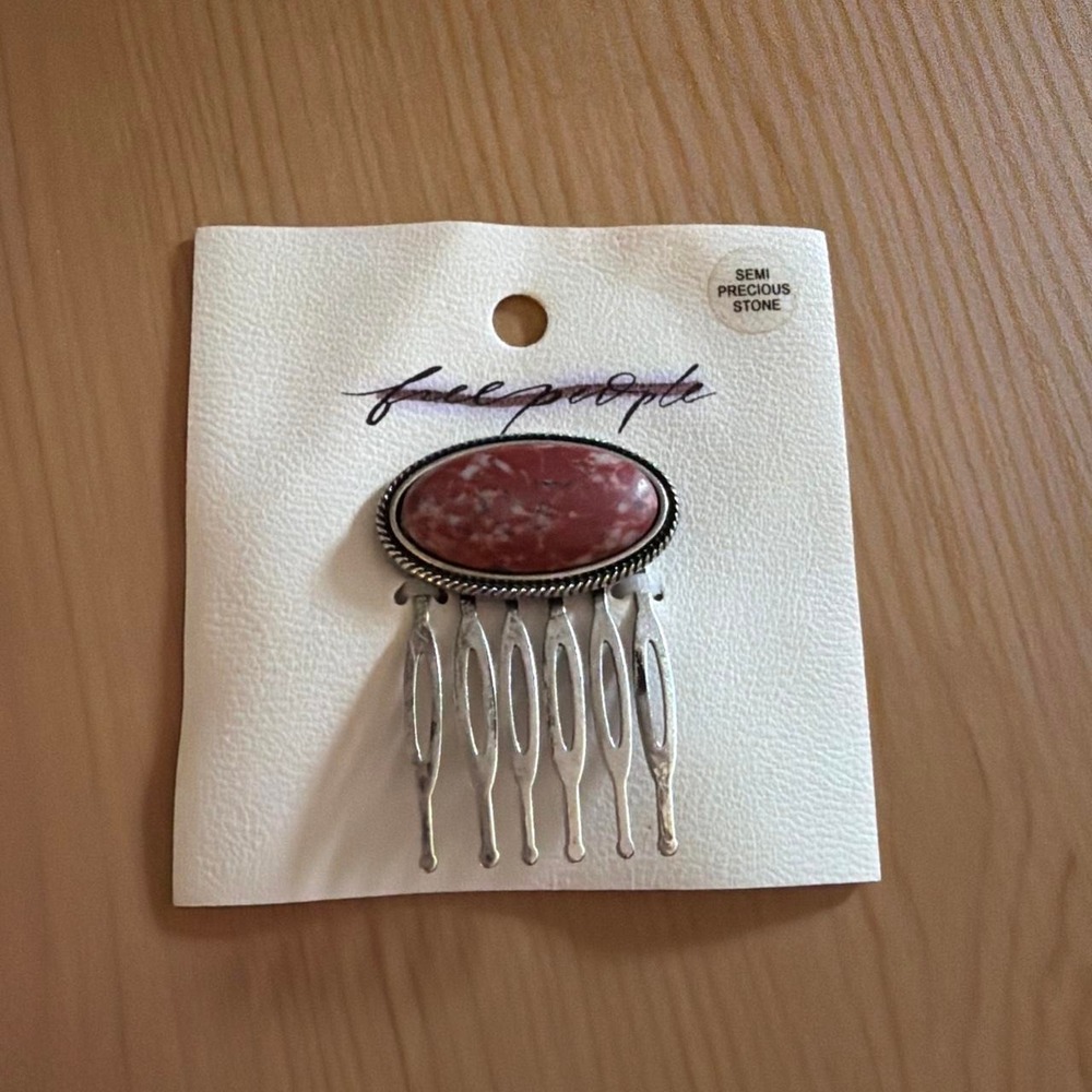 Free People Semi Precious Stone Hair Comb Silver Tone Boho Pink Marbled Oval